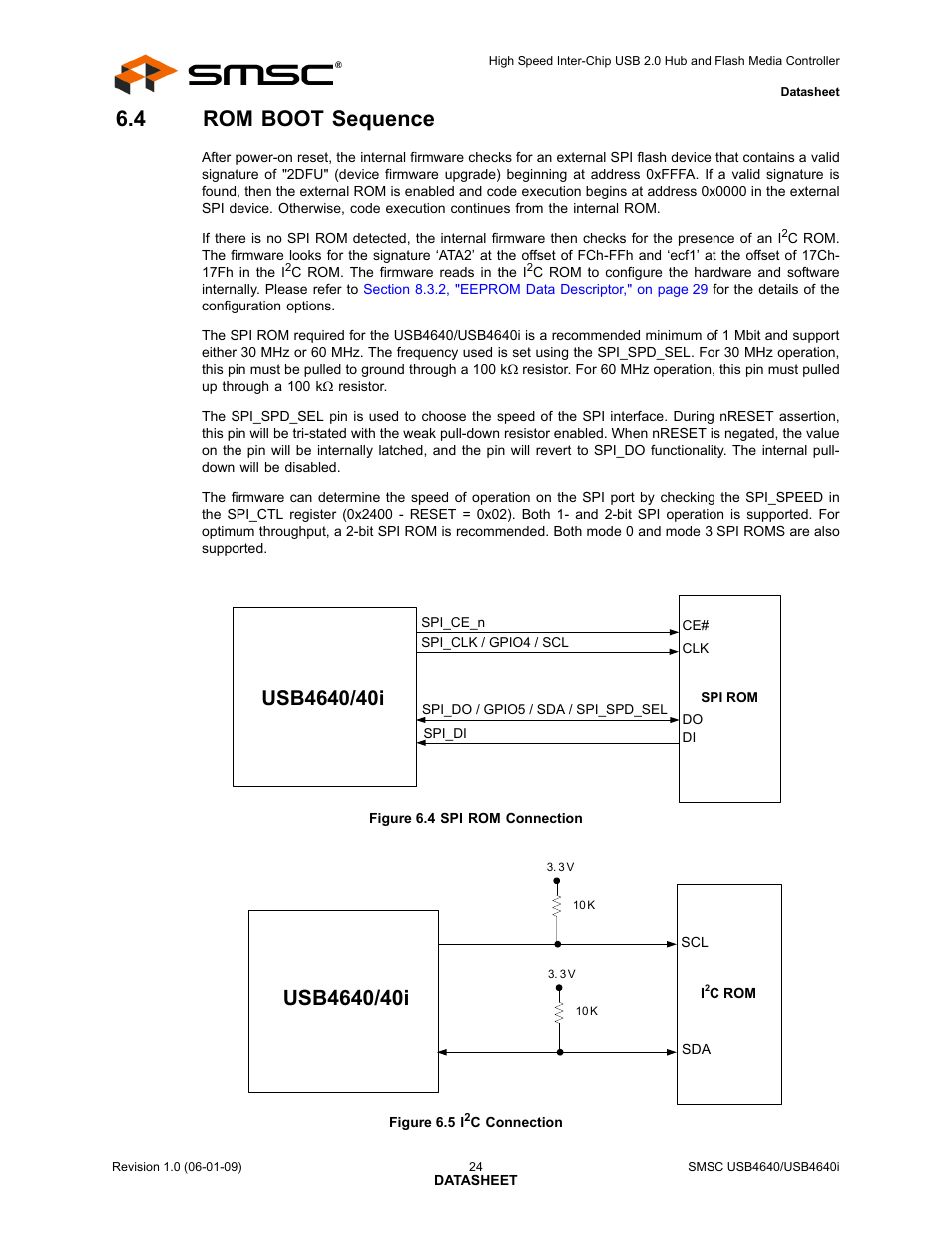 4 rom boot sequence, Figure 6.4 spi rom connection, Figure 6.5 i2c connection | Rom boot sequence, Figure 6.4 spi rom connection figure 6.5 i, Section 6.4, "rom, Boot sequence, Section 6.4, "rom boot, Sequence, For di | SMSC USB464 User Manual | Page 24 / 65