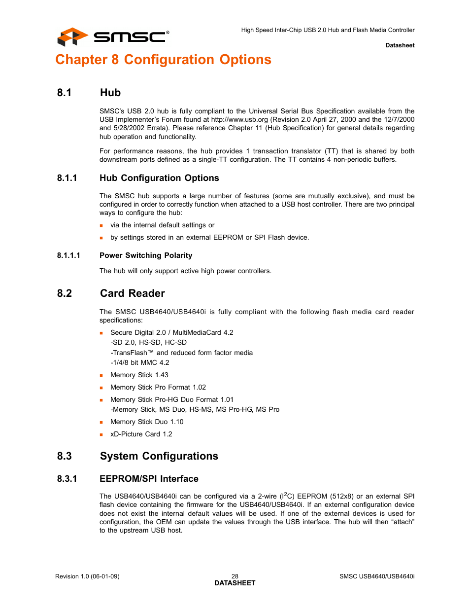 Chapter 8 configuration options, 1 hub, 1 hub configuration options | 2 card reader, 3 system configurations, 1 eeprom/spi interface, Hub 8.1.1, Hub configuration options, Card reader, System configurations 8.3.1 | SMSC USB464 User Manual | Page 28 / 65