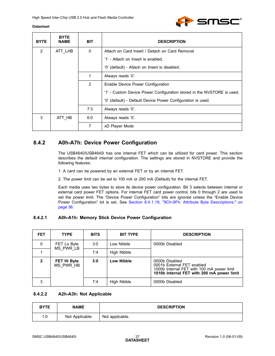 2 a0h-a7h: device power configuration, A0h-a7h: device power configuration | SMSC USB464 User Manual | Page 37 / 65