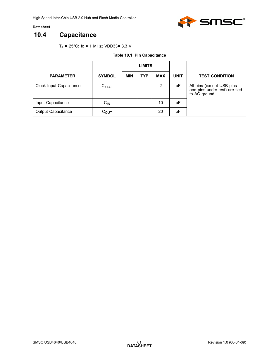 4 capacitance, Table 10.1 pin capacitance | SMSC USB464 User Manual | Page 61 / 65