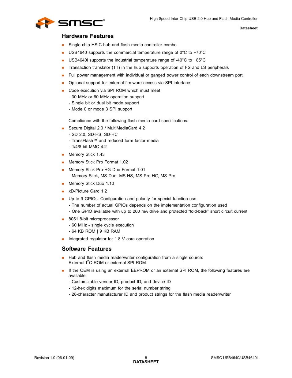 Hardware features, Software features | SMSC USB464 User Manual | Page 8 / 65