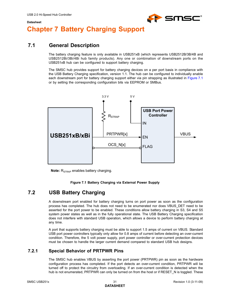 Chapter 7 battery charging support, 1 general description, 2 usb battery charging | 1 special behavior of prtpwr pins, General description, Usb battery charging 7.2.1, Special behavior of prtpwr pins, Usb251xb/xbi | SMSC USB2513 User Manual | Page 31 / 72