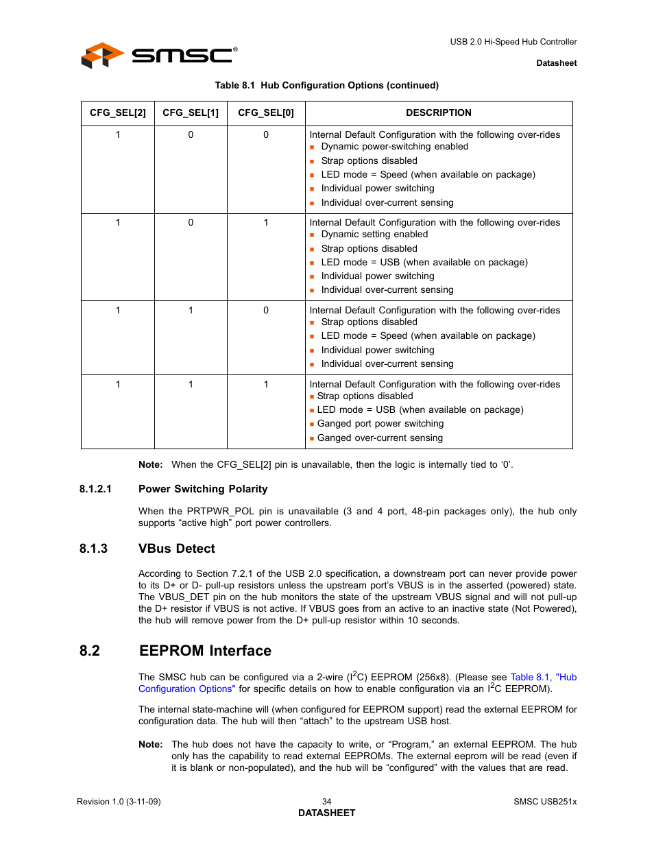 3 vbus detect, 2 eeprom interface, Vbus detect | Eeprom interface | SMSC USB2513 User Manual | Page 34 / 72