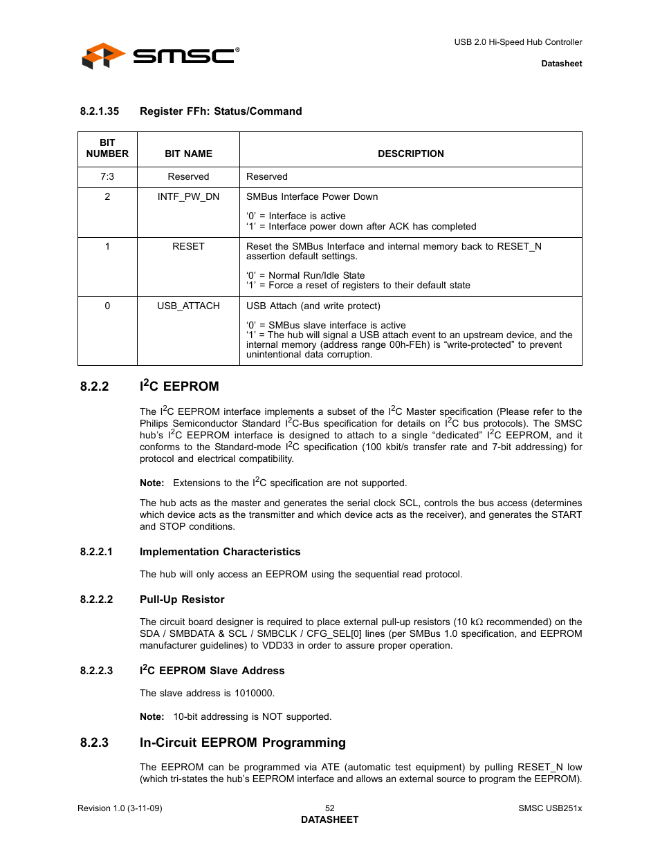 2 i2c eeprom, 3 in-circuit eeprom programming, In-circuit eeprom programming | C eeprom | SMSC USB2513 User Manual | Page 52 / 72
