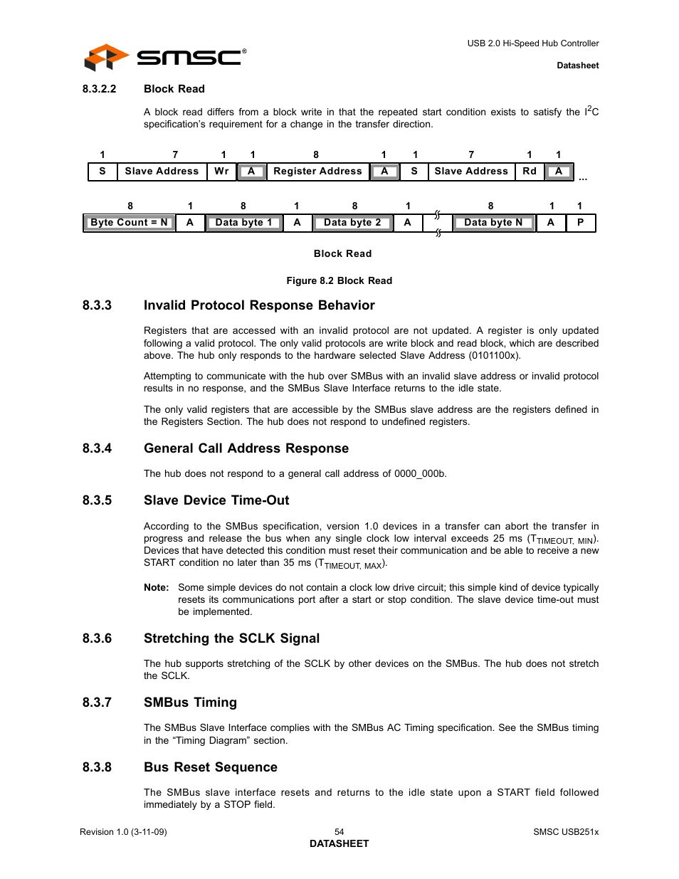 Figure 8.2 block read, 3 invalid protocol response behavior, 4 general call address response | 5 slave device time-out, 6 stretching the sclk signal, 7 smbus timing, 8 bus reset sequence, Invalid protocol response behavior, General call address response, Slave device time-out | SMSC USB2513 User Manual | Page 54 / 72