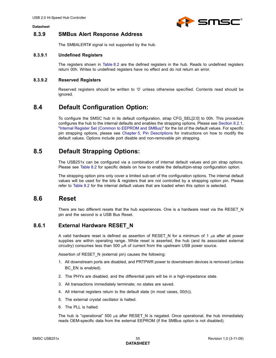 9 smbus alert response address, 4 default configuration option, 5 default strapping options | 6 reset, 1 external hardware reset_n, Smbus alert response address, Default configuration option, Default strapping options, Reset 8.6.1, External hardware reset_n | SMSC USB2513 User Manual | Page 55 / 72