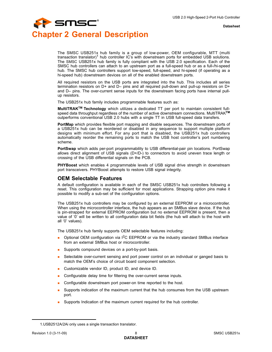 Chapter 2 general description, Oem selectable features | SMSC USB2513 User Manual | Page 8 / 72