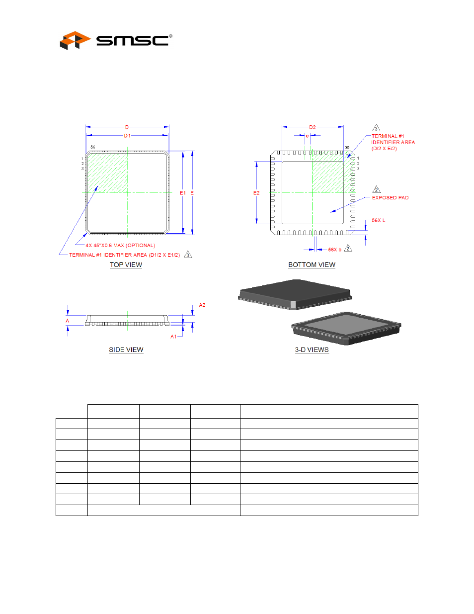 Chapter 5 package outline, Figure 5.1 lan9500/lan9500i 56-qfn package, Table 5.1 lan9500/lan9500i 56-qfn dimensions | Chapter 5, Package outline, Datasheet | SMSC LAN9500 User Manual | Page 40 / 43