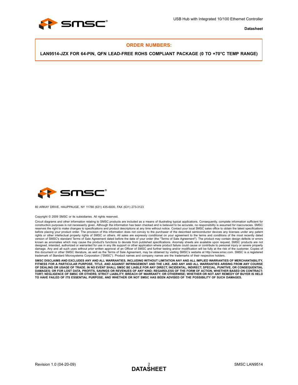 Datasheet | SMSC LAN9514 User Manual | Page 2 / 47