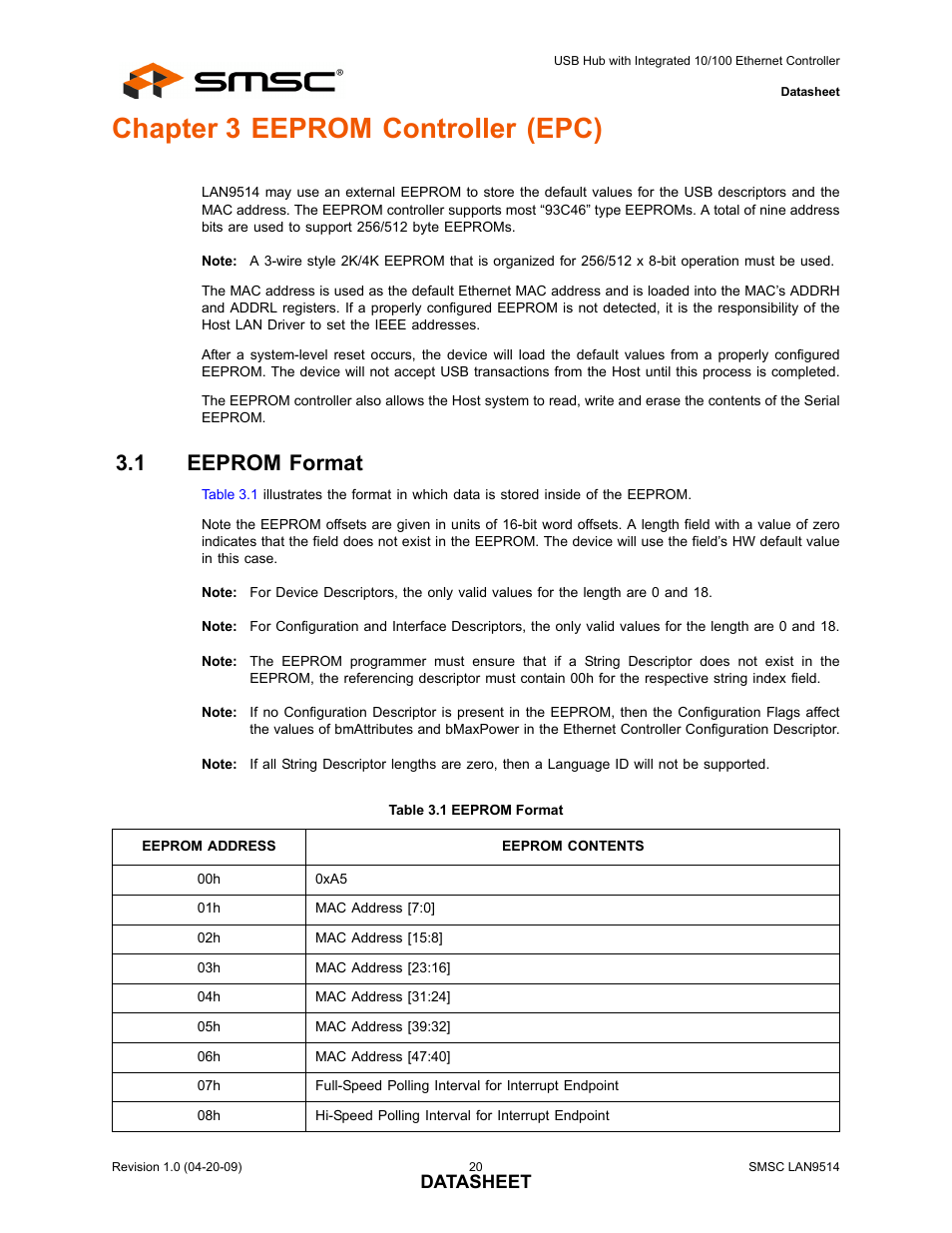 Chapter 3 eeprom controller (epc), 1 eeprom format, Table 3.1 eeprom format | Eeprom format | SMSC LAN9514 User Manual | Page 20 / 47