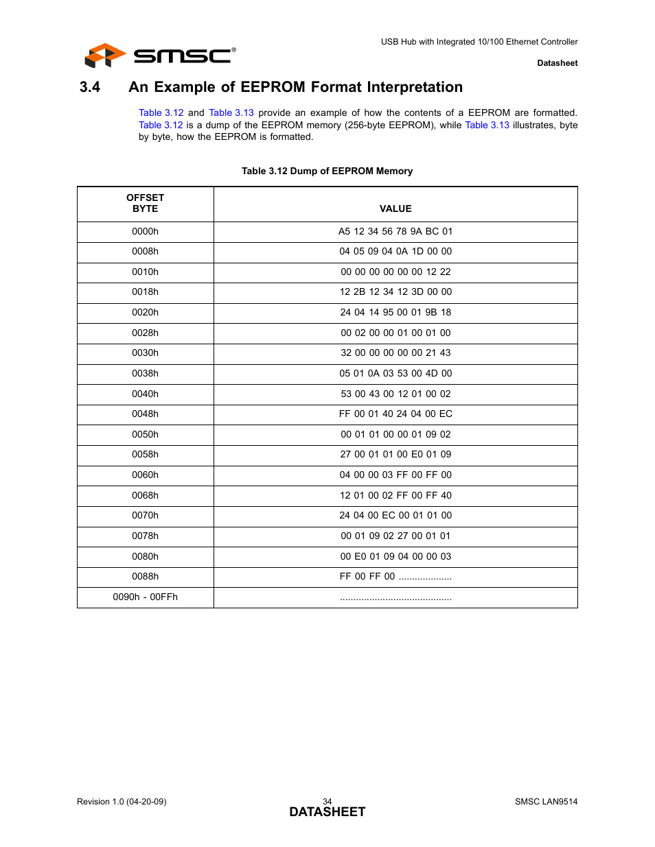 4 an example of eeprom format interpretation, Table 3.12 dump of eeprom memory, An example of eeprom format interpretation | Datasheet | SMSC LAN9514 User Manual | Page 34 / 47