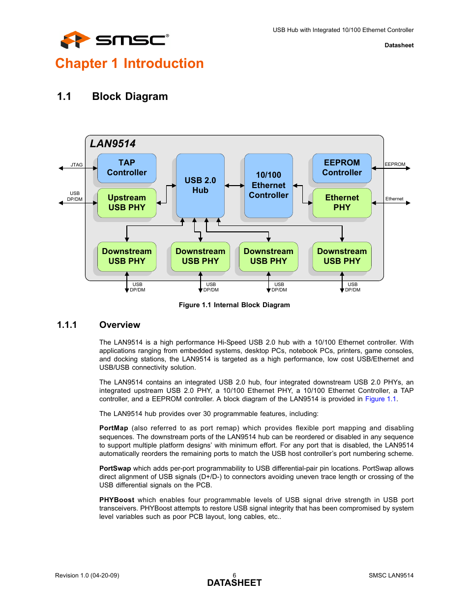 Chapter 1 introduction, 1 block diagram, Figure 1.1 internal block diagram | 1 overview, Block diagram 1.1.1, Overview, Lan9514, Datasheet | SMSC LAN9514 User Manual | Page 6 / 47