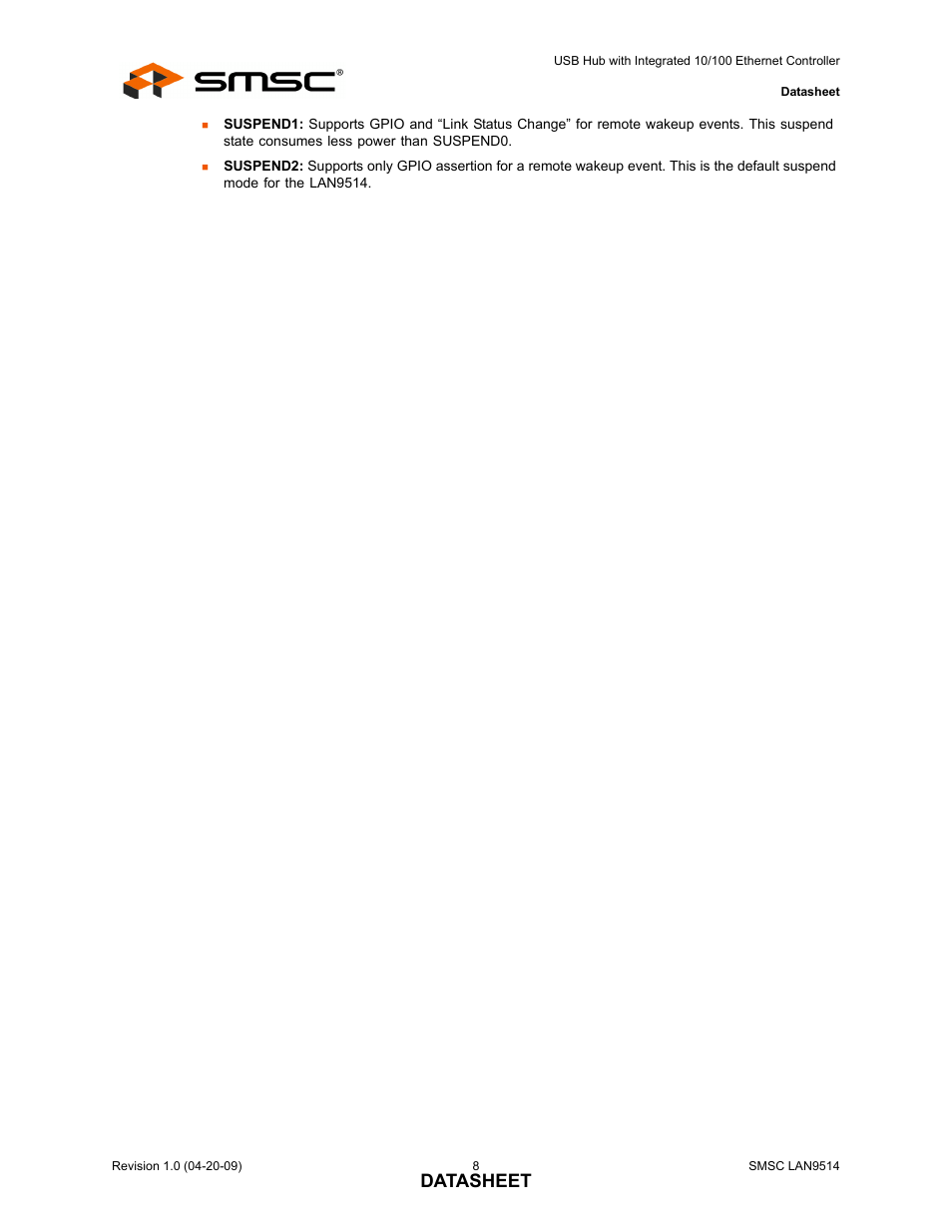 Datasheet | SMSC LAN9514 User Manual | Page 8 / 47