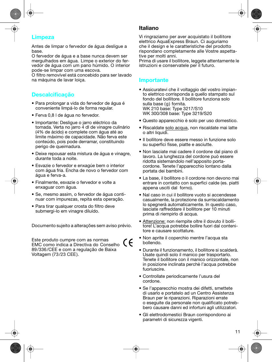 Italiano, Italiano limpeza, Descalcificação | Importante | Braun WK-300 User Manual | Page 11 / 38