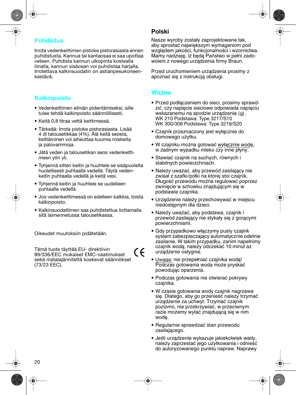 Polski, Polski puhdistus, Kalkinpoisto | Wa˝ne | Braun WK-300 User Manual | Page 20 / 38