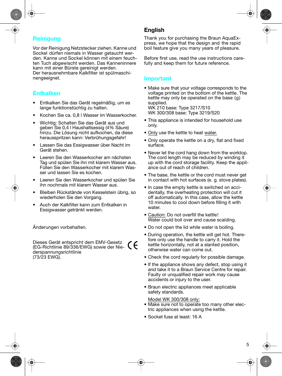 English, English reinigung, Entkalken | Important | Braun WK-300 User Manual | Page 5 / 38