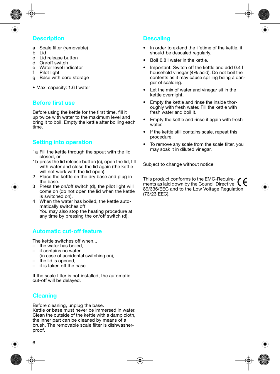 Description, Before first use, Setting into operation | Automatic cut-off feature, Cleaning, Descaling | Braun WK-300 User Manual | Page 6 / 38