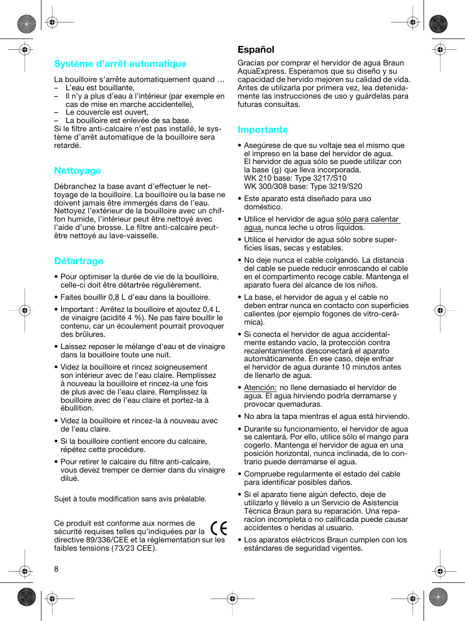 Español, Español système d’arrêt automatique, Nettoyage | Détartrage, Importante | Braun WK-300 User Manual | Page 8 / 38