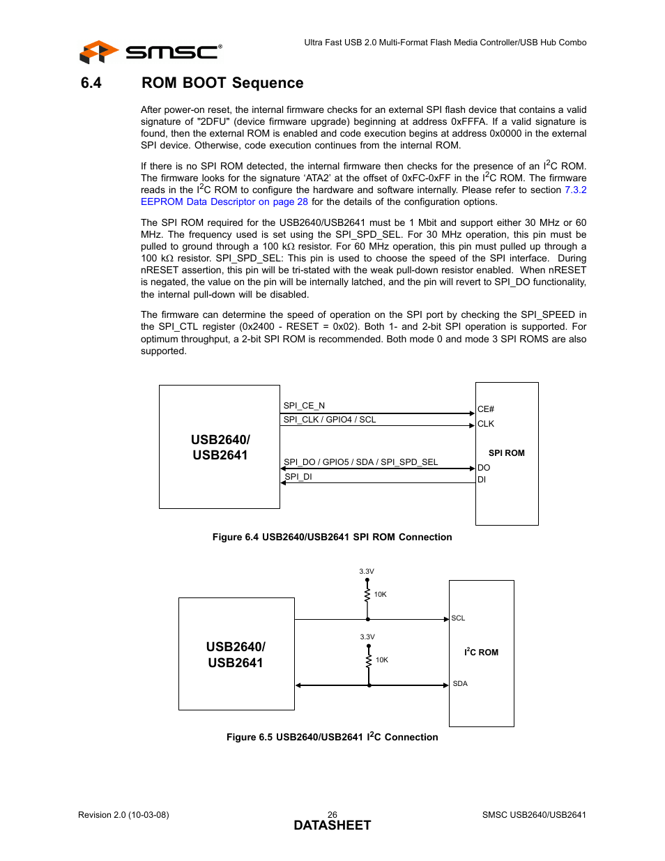 4 rom boot sequence, Figure 6.4 usb2640/usb2641 spi rom connection, Figure 6.5 usb2640/usb2641 i2c connection | Rom boot sequence, Datasheet | SMSC USB2640i User Manual | Page 26 / 60