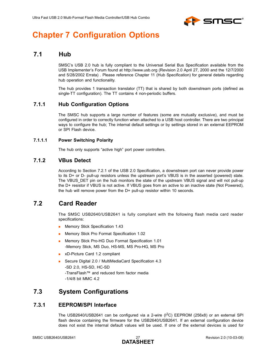 Chapter 7 configuration options, 1 hub, 1 hub configuration options | 2 vbus detect, 2 card reader, 3 system configurations, 1 eeprom/spi interface, Hub 7.1.1, Hub configuration options, Vbus detect | SMSC USB2640i User Manual | Page 27 / 60