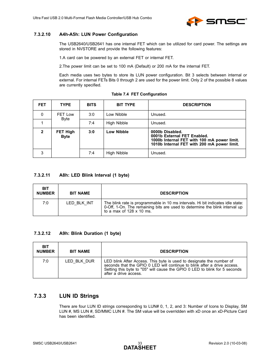 Table 7.4 fet configuration, 3 lun id strings, Lun id strings | Datasheet | SMSC USB2640i User Manual | Page 33 / 60