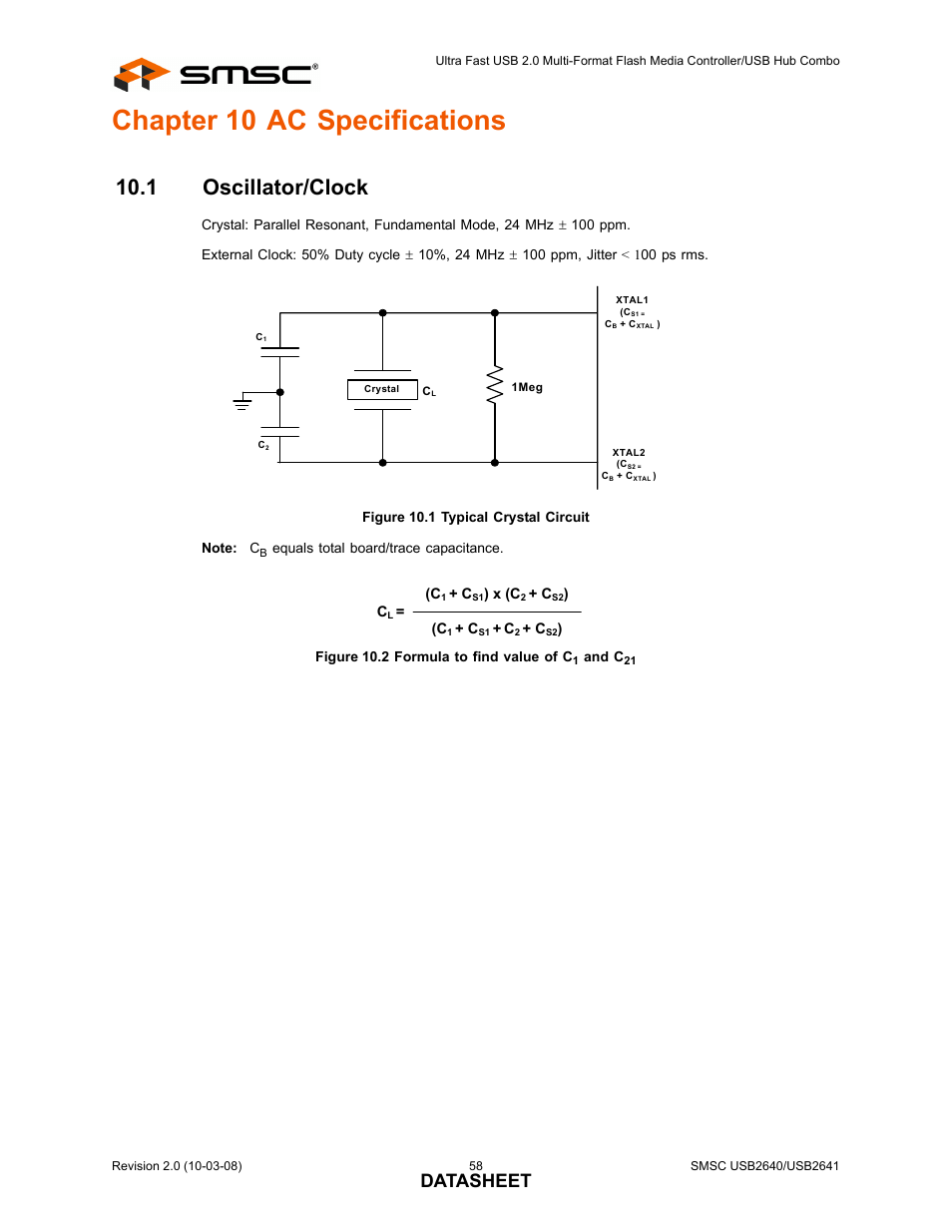 Chapter 10 ac specifications, 1 oscillator/clock, Figure 10.1 typical crystal circuit | Figure 10.2 formula to find value of c1 and c21, Datasheet | SMSC USB2640i User Manual | Page 58 / 60