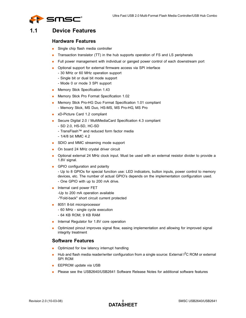 1 device features, Device features, Datasheet | Hardware features, Software features | SMSC USB2640i User Manual | Page 8 / 60