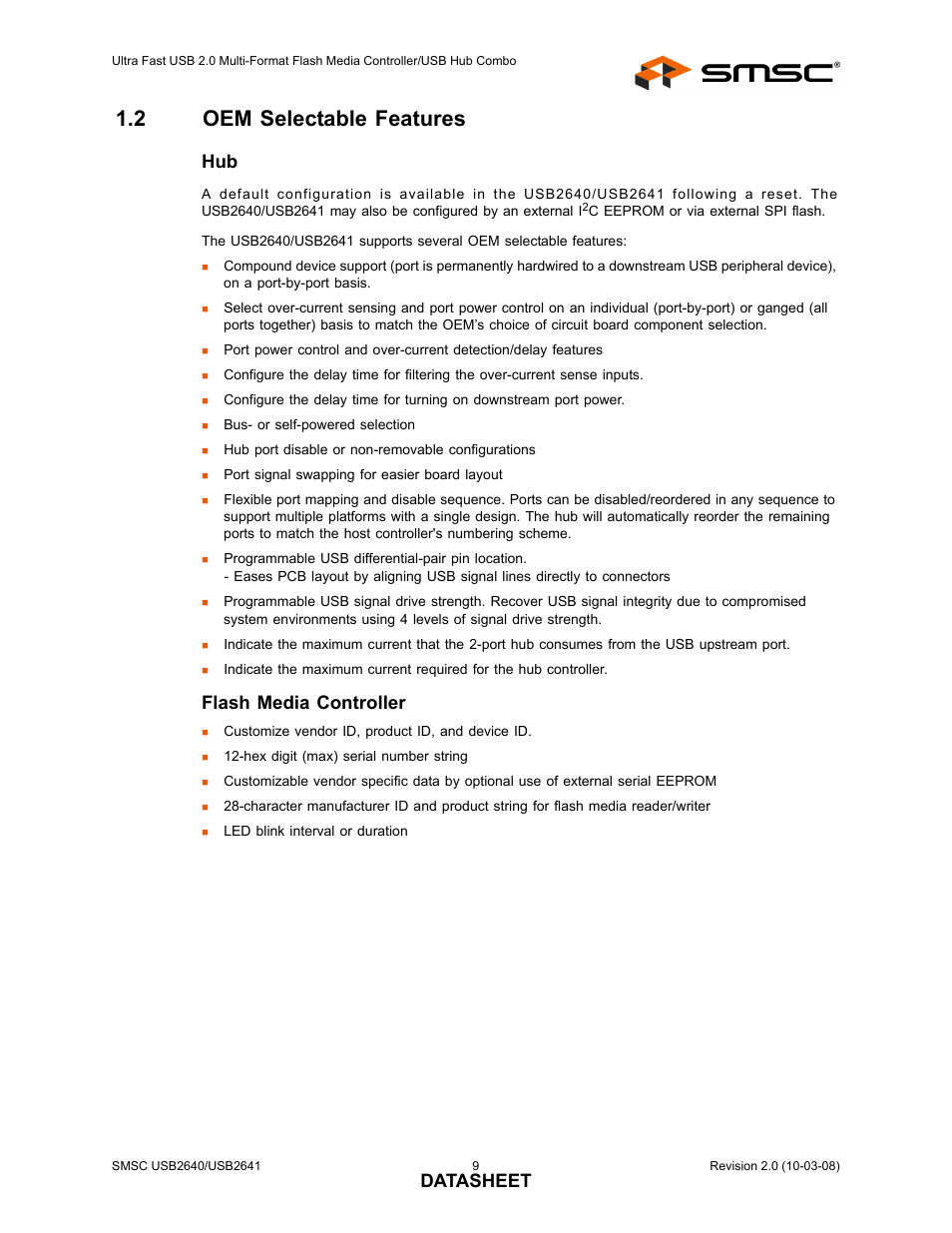 2 oem selectable features, Oem selectable features, Datasheet | Flash media controller | SMSC USB2640i User Manual | Page 9 / 60