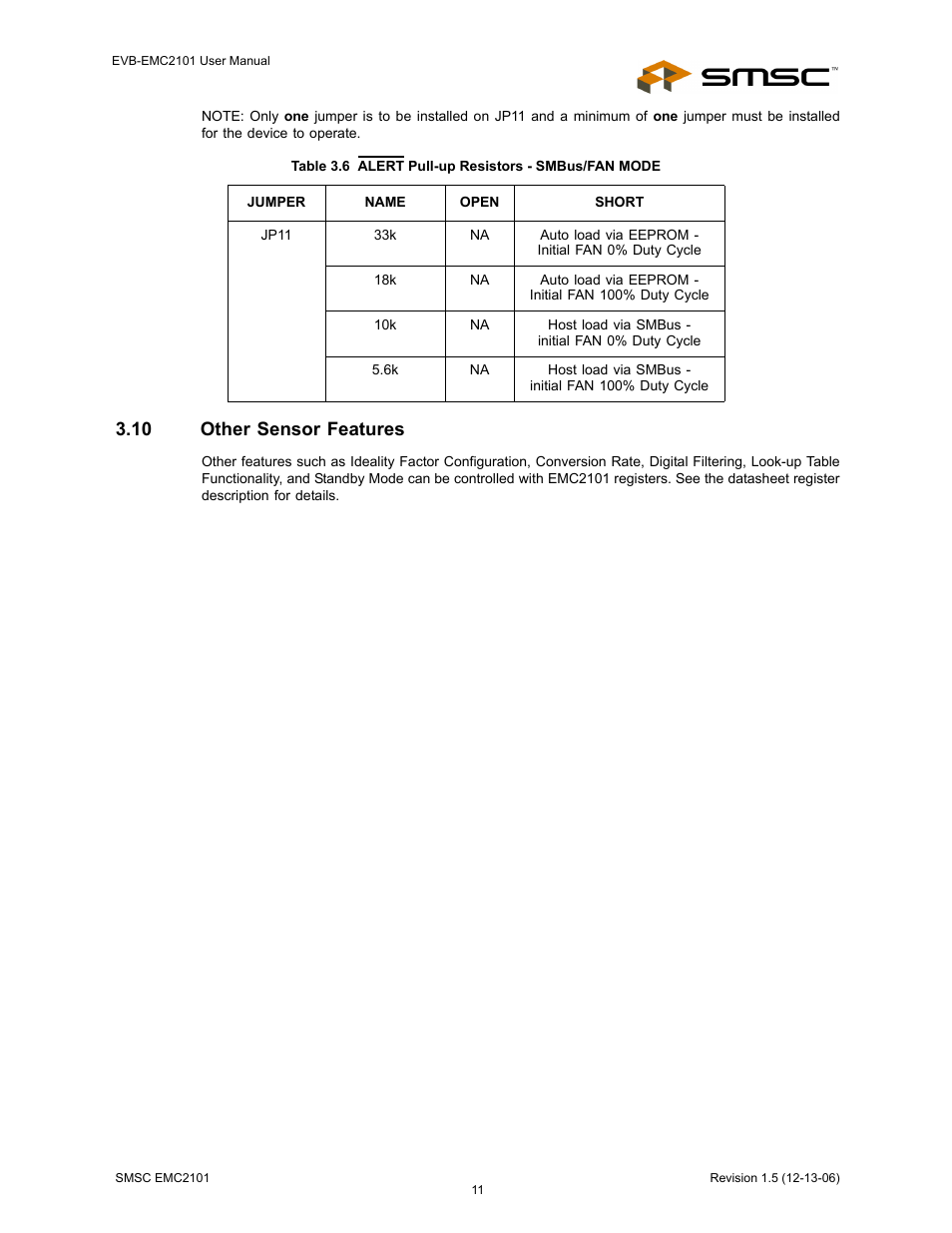 Table 3.6 alert pull-up resistors - smbus/fan mode, 10 other sensor features, Table 3.6 | SMSC EVB-EMC2101 User Manual | Page 11 / 12
