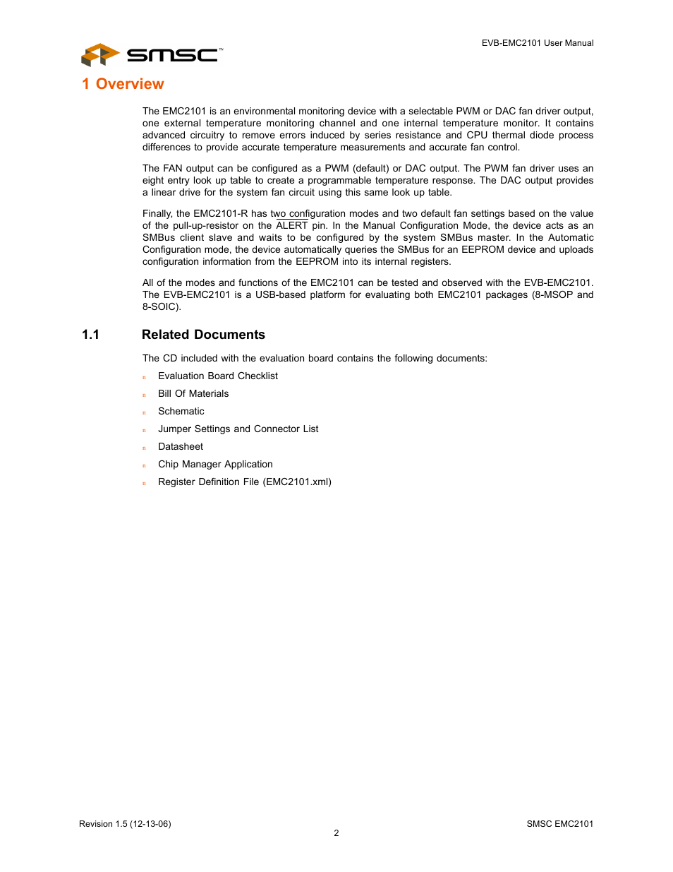 1 related documents, 1 overview | SMSC EVB-EMC2101 User Manual | Page 2 / 12