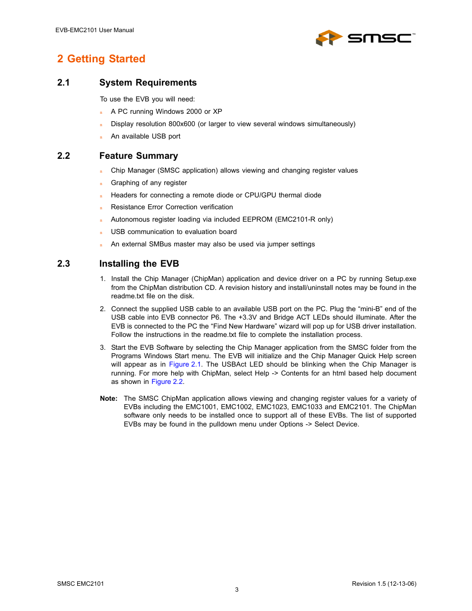 1 system requirements, 2 feature summary, 3 installing the evb | 2 getting started | SMSC EVB-EMC2101 User Manual | Page 3 / 12