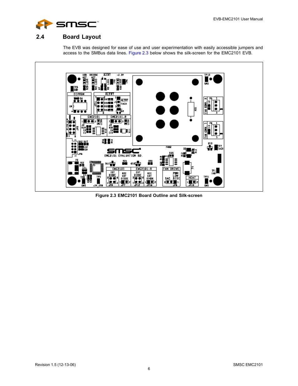4 board layout, Figure 2.3 emc2101 board outline and silk-screen | SMSC EVB-EMC2101 User Manual | Page 6 / 12