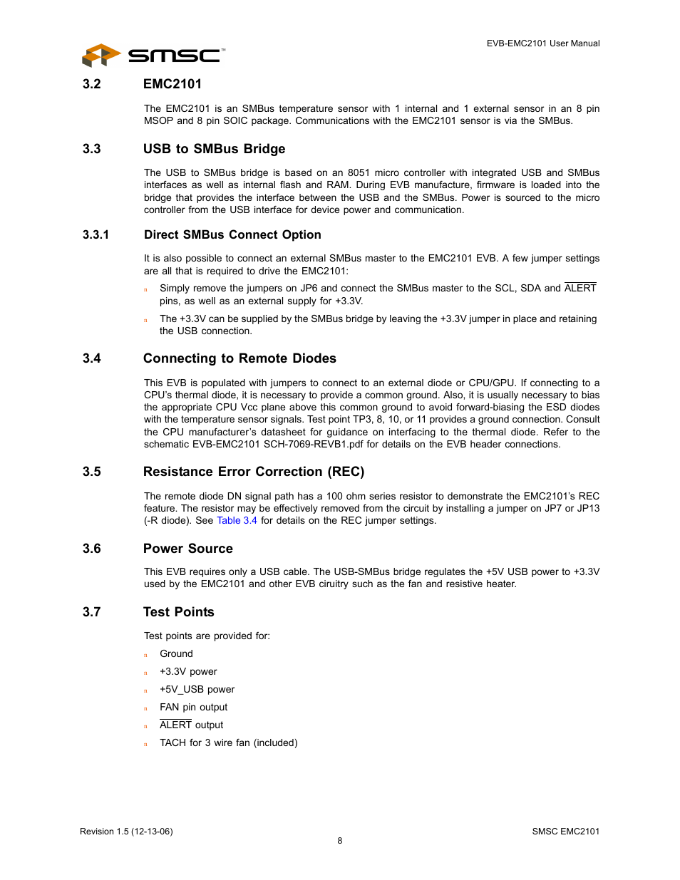 2 emc2101, 3 usb to smbus bridge, 1 direct smbus connect option | 4 connecting to remote diodes, 5 resistance error correction (rec), 6 power source, 7 test points | SMSC EVB-EMC2101 User Manual | Page 8 / 12