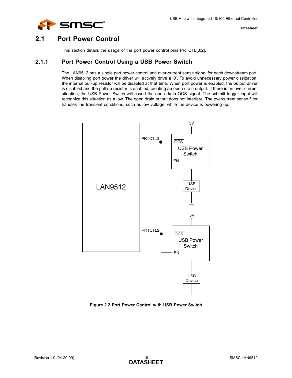 1 port power control, 1 port power control using a usb power switch, Port power control 2.1.1 | Port power control using a usb power switch, Tream usb dminus signal, Ownstream usb pe, Refer to, Section 2.1, Lan9512, Datasheet | SMSC LAN9512 User Manual | Page 16 / 46