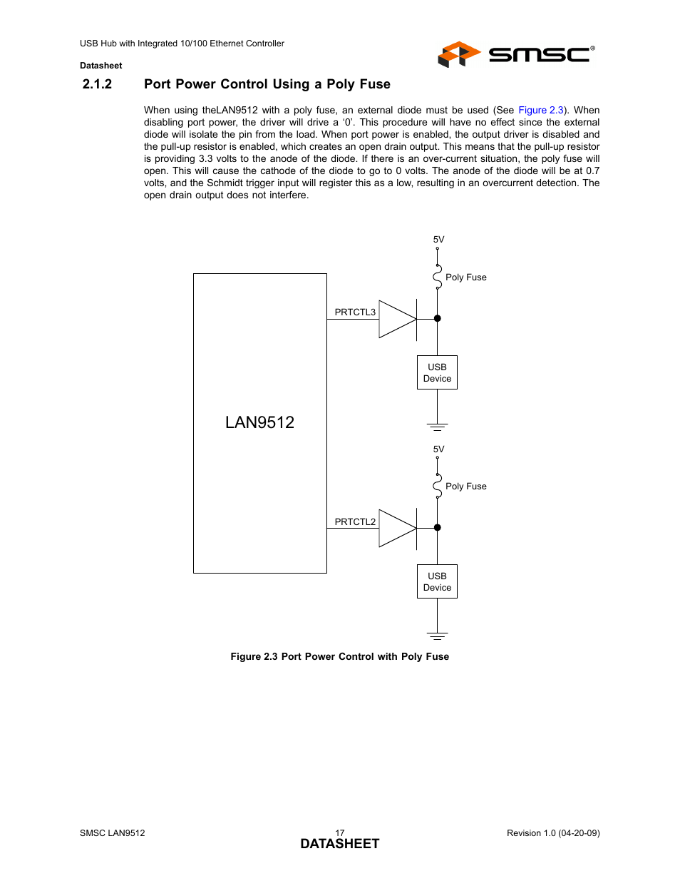 2 port power control using a poly fuse, Figure 2.3 port power control with poly fuse, Port power control using a poly fuse | Lan9512, Datasheet | SMSC LAN9512 User Manual | Page 17 / 46