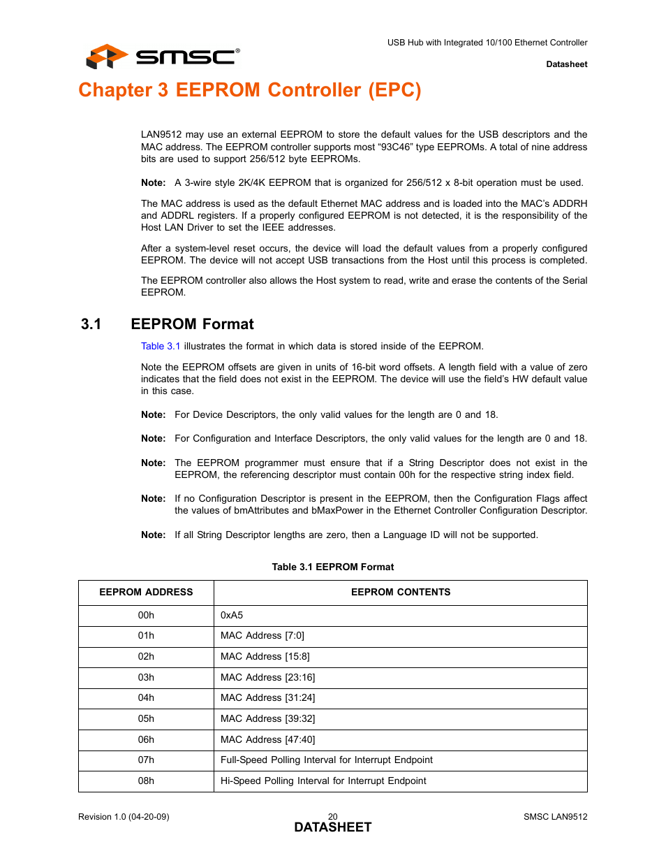 Chapter 3 eeprom controller (epc), 1 eeprom format, Table 3.1 eeprom format | Eeprom format | SMSC LAN9512 User Manual | Page 20 / 46