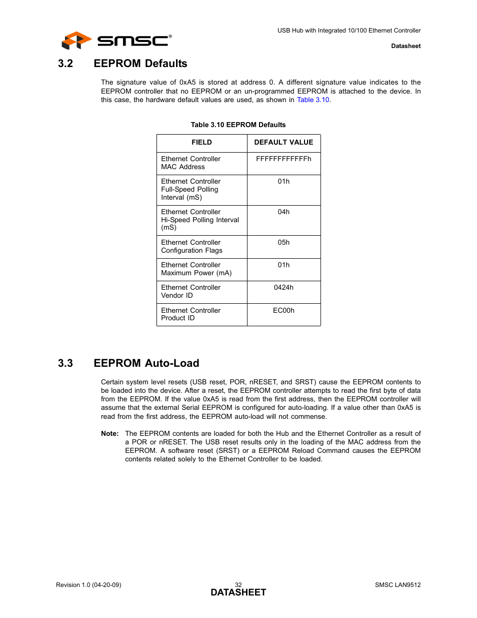 2 eeprom defaults, Table 3.10 eeprom defaults, 3 eeprom auto-load | Eeprom defaults, Eeprom auto-load | SMSC LAN9512 User Manual | Page 32 / 46