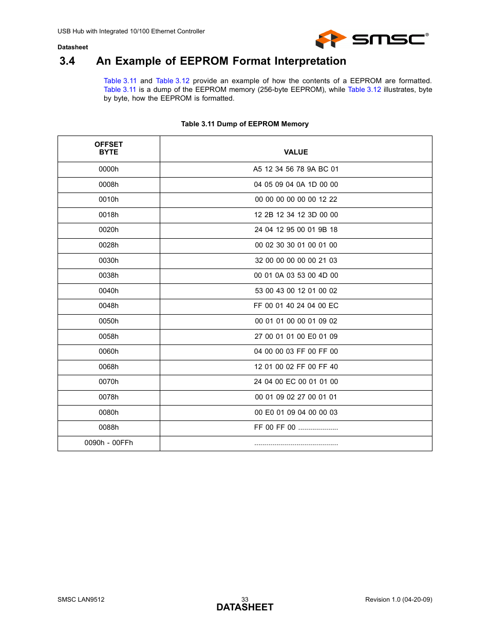 4 an example of eeprom format interpretation, Table 3.11 dump of eeprom memory, An example of eeprom format interpretation | Datasheet | SMSC LAN9512 User Manual | Page 33 / 46
