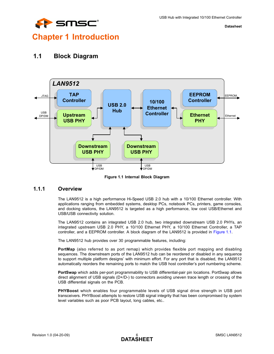 Chapter 1 introduction, 1 block diagram, Figure 1.1 internal block diagram | 1 overview, Block diagram 1.1.1, Overview, Lan9512 | SMSC LAN9512 User Manual | Page 6 / 46