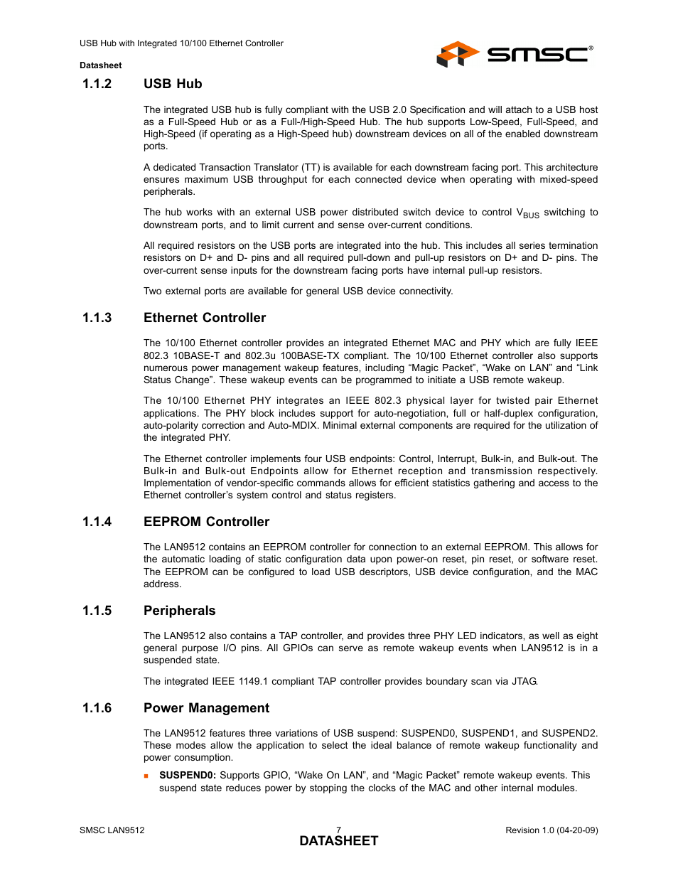 2 usb hub, 3 ethernet controller, 4 eeprom controller | 5 peripherals, 6 power management, Usb hub, Ethernet controller, Eeprom controller, Peripherals, Power management | SMSC LAN9512 User Manual | Page 7 / 46