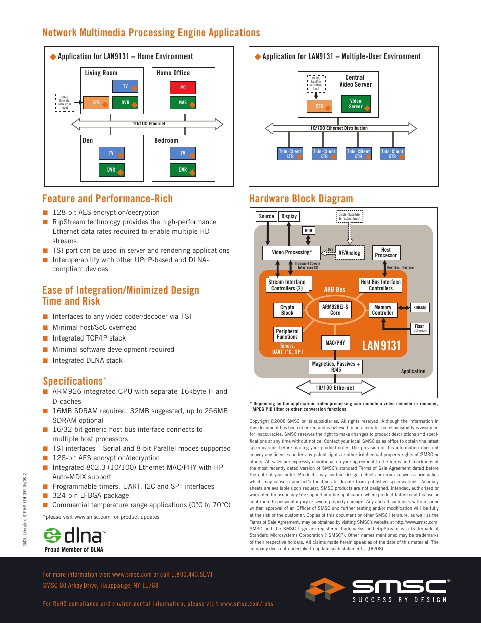 Lan9131, Feature and performance-rich, Ease of integration/minimized design time and risk | Specifications, Application for lan9131 – home environment | SMSC LAN9131 User Manual | Page 2 / 2