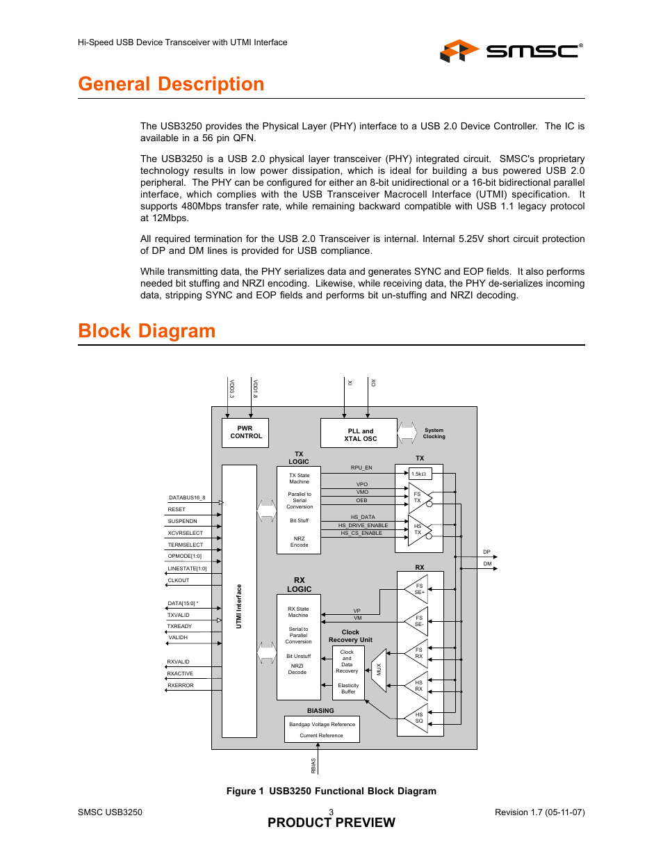 General description, Block diagram, Figure 1 usb3250 functional block diagram | Product preview | SMSC USB3250 User Manual | Page 3 / 9