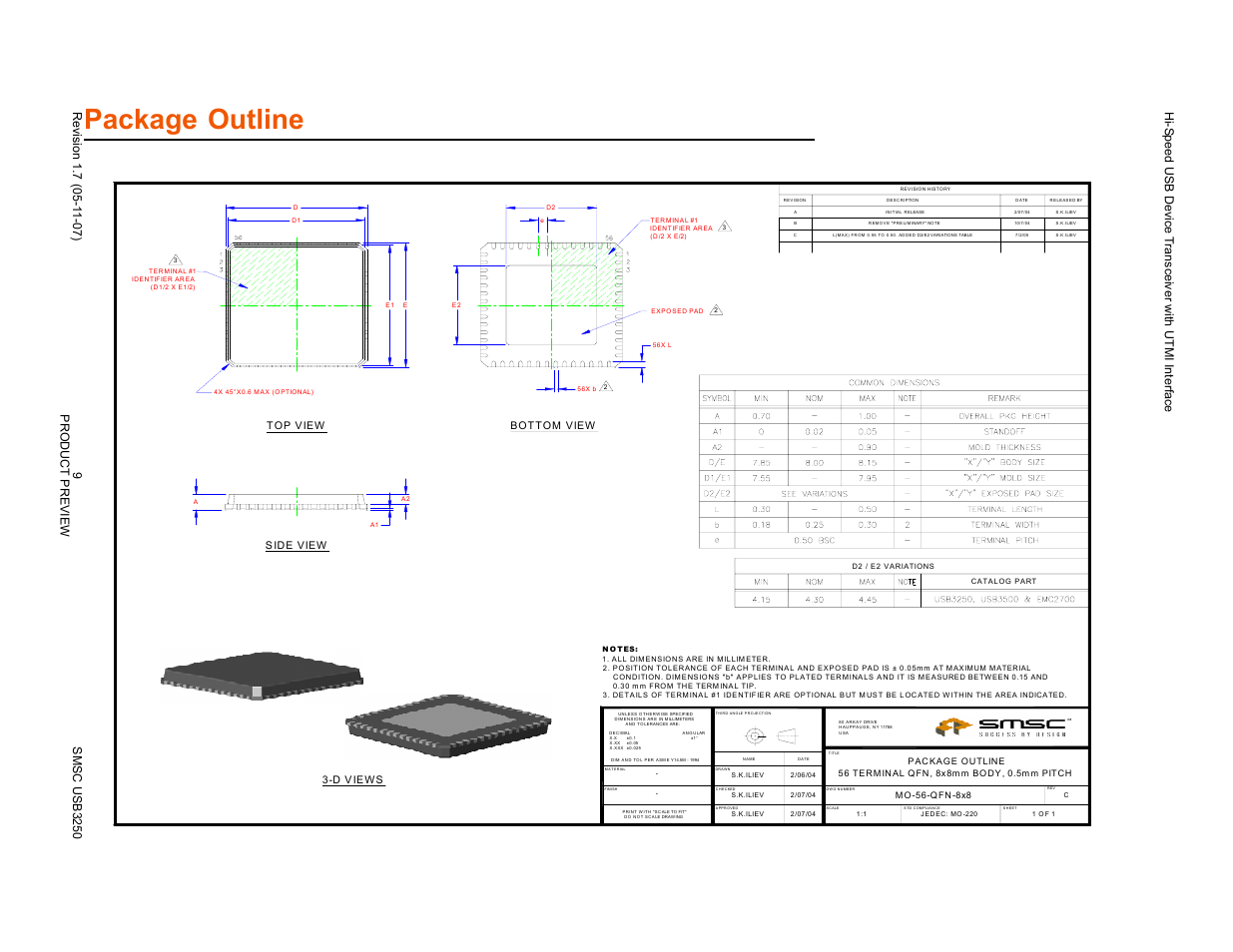 Package outline, S id e view 3-d v ie ws top view, Bot tom view | SMSC USB3250 User Manual | Page 9 / 9