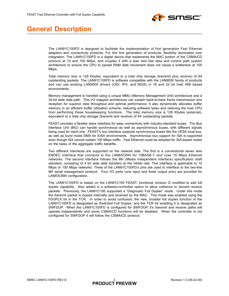 General description | SMSC LAN91C100FD User Manual | Page 3 / 6