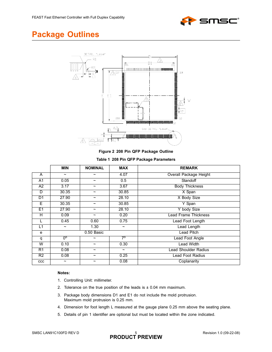 Package outlines, Figure 2 208 pin qfp package outline, Table 1 208 pin qfp package parameters | Product preview | SMSC LAN91C100FD User Manual | Page 5 / 6