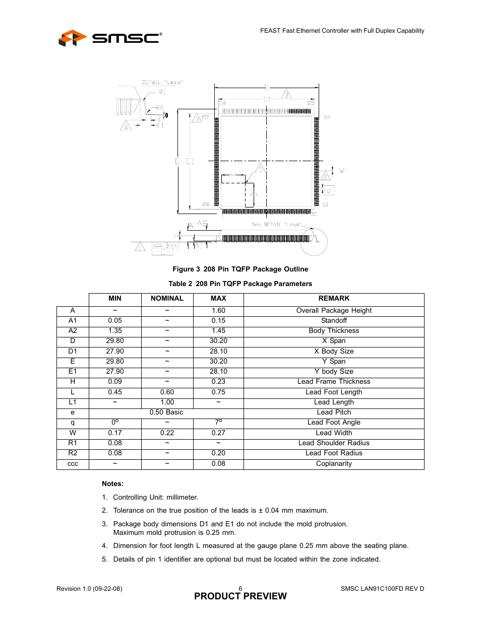 Figure 3 208 pin tqfp package outline, Table 2 208 pin tqfp package parameters, Product preview | SMSC LAN91C100FD User Manual | Page 6 / 6