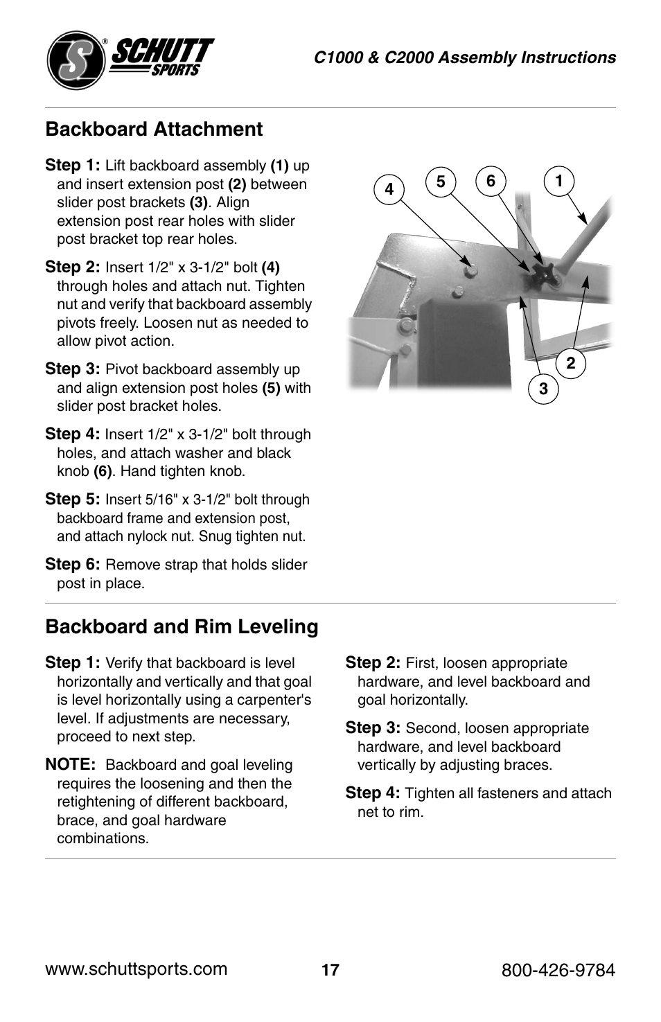 Backboard attachment backboard and rim leveling | Schutt Sports C2000 User Manual | Page 17 / 20