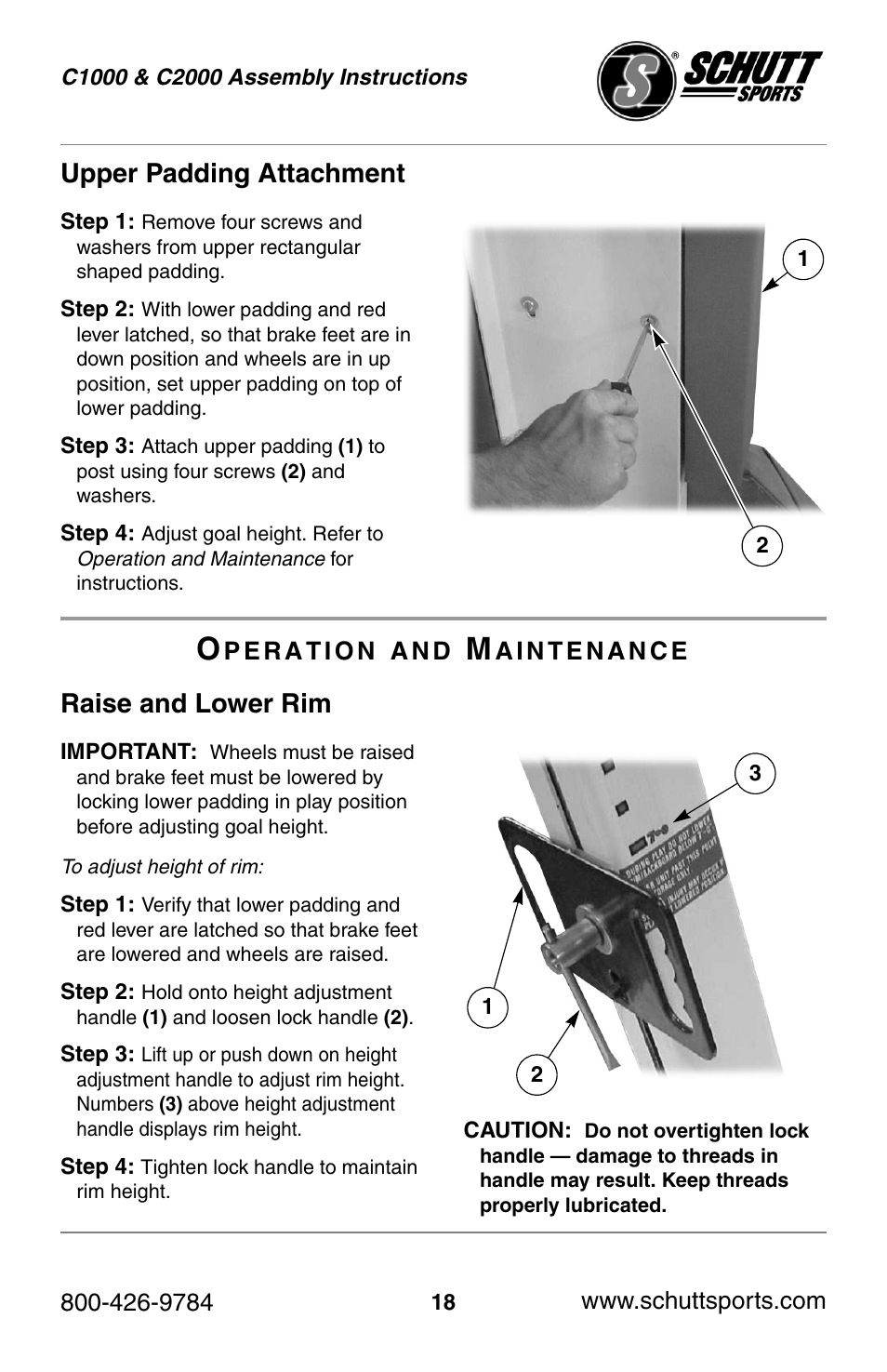 Upper padding attachment, Raise and lower rim | Schutt Sports C2000 User Manual | Page 18 / 20