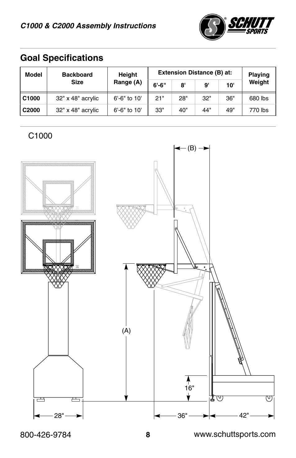 Goal specifications, C1000 | Schutt Sports C2000 User Manual | Page 8 / 20