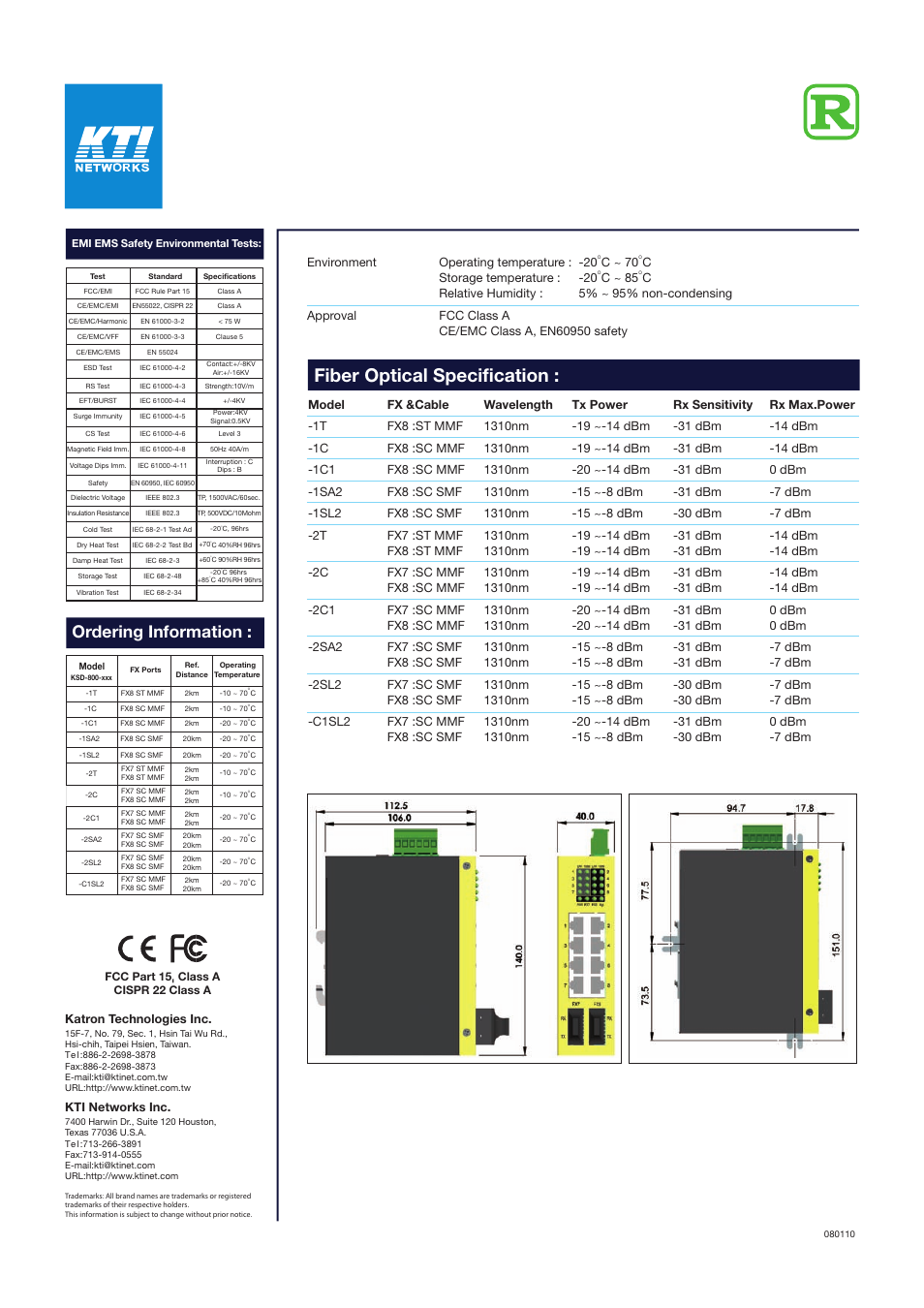 Fiber optical specification, Ordering information | KTI Networks KSD-800 User Manual | Page 2 / 2